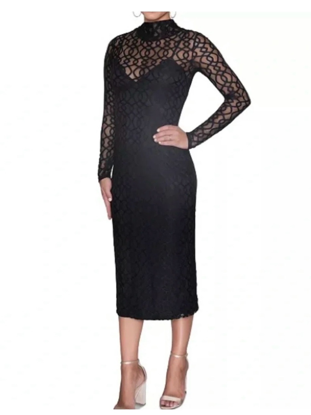 RACHEL Rachel Roy Black Lace Midi Dress with High Neck
